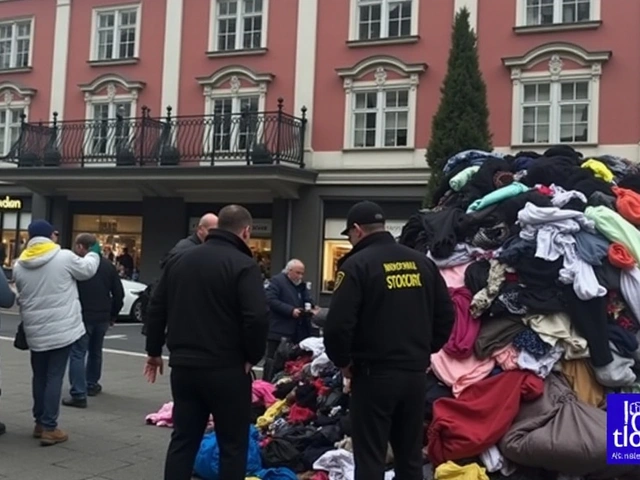 Obrovská čtyřtunová hromada oblečení vzbudila rozruch na náměstí Republiky v Praze