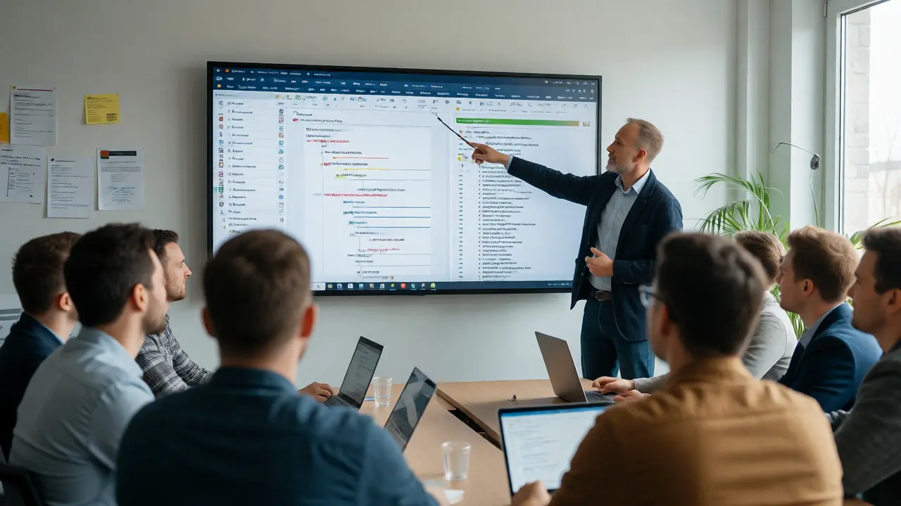 Tým DevOps konzultující nastavení infrastruktury jako kódu na poradě.